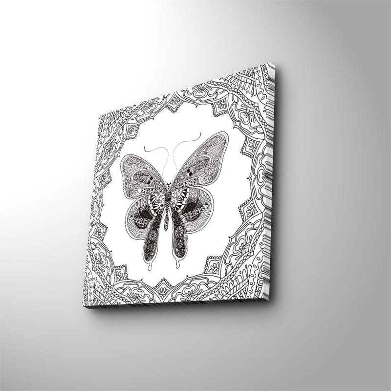 Lerretsbilde 45x45 cm - Detaljert sommerfugl i svart-hvitt med ornamentale mønstre - Svart / Hvit - Innredning - Bilder & kunst - Lerretsbilder