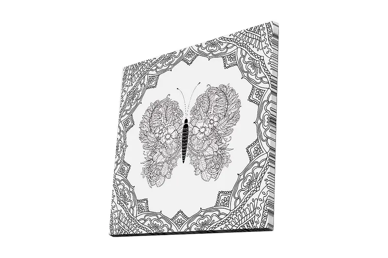 Lerretsbilde 45x45 cm - Detaljert sommerfugl med blomstermønster i symmetrisk komposisjon, Svart / Hvit