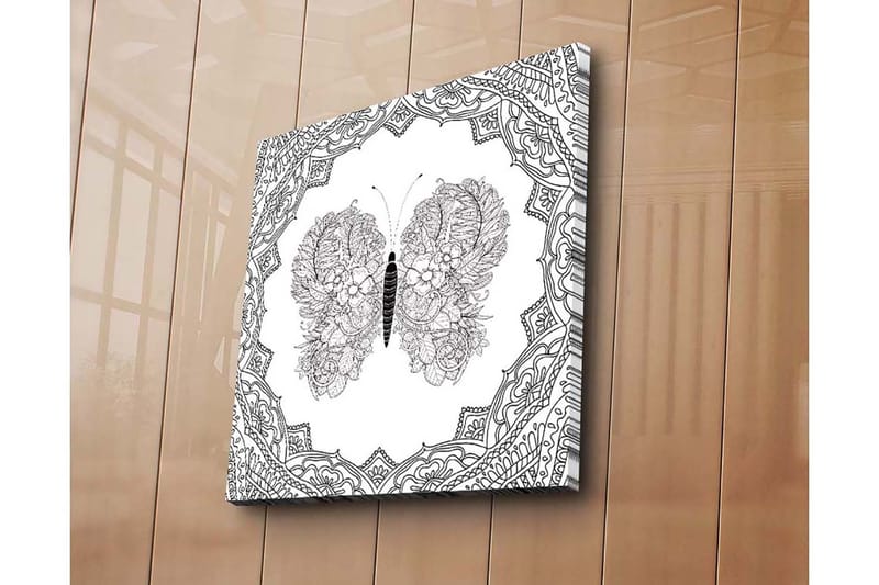 Lerretsbilde 45x45 cm - Detaljert sommerfugl med blomstermønster i symmetrisk komposisjon - Svart / Hvit - Innredning - Bilder & kunst - Lerretsbilder