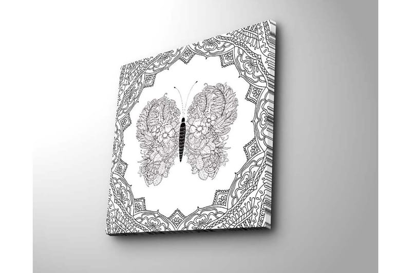 Lerretsbilde 45x45 cm - Detaljert sommerfugl med blomstermønster og ornamentikk - Svart / Hvit - Innredning - Bilder & kunst - Lerretsbilder