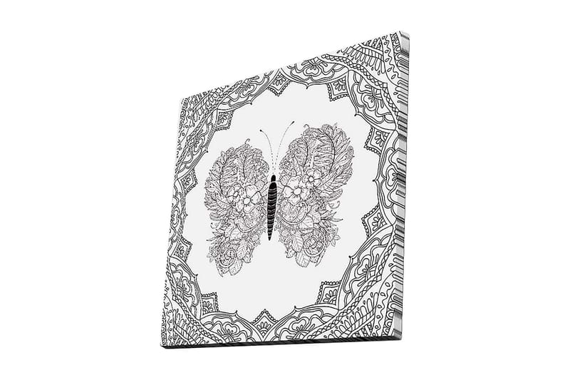 Lerretsbilde 45x45 cm - Detaljert sommerfugl med blomstermønster og ornamentikk, Svart / Hvit