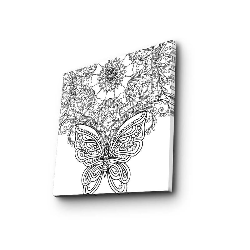 Lerretsbilde 45x45 cm - Detaljert sommerfugl omgitt av blomster og mønstre - Svart / Hvit - Innredning - Bilder & kunst - Lerretsbilder