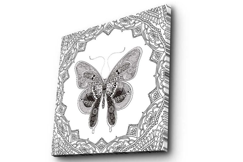 Lerretsbilde 45x45 cm - Detaljert sommerfugl omgitt av ornamentale mønstre - Svart / Hvit - Innredning - Bilder & kunst - Lerretsbilder