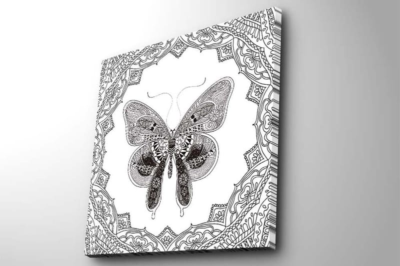 Lerretsbilde 45x45 cm - Detaljert sommerfugl omgitt av ornamentale mønstre - Svart / Hvit - Innredning - Bilder & kunst - Lerretsbilder