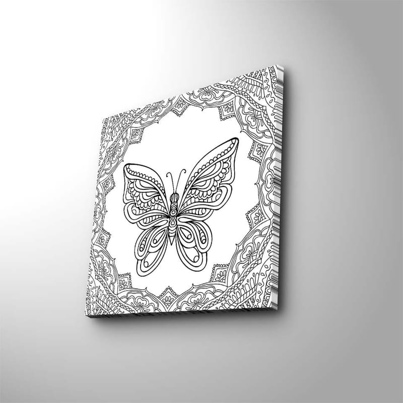 Lerretsbilde 45x45 cm - Detaljert sommerfugl omgitt av ornamentale mønstre - Svart / Hvit - Innredning - Bilder & kunst - Lerretsbilder