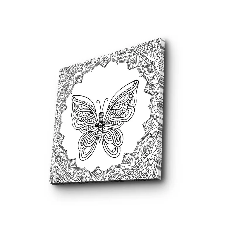 Lerretsbilde 45x45 cm - Detaljert sommerfugl omgitt av ornamentale mønstre, Svart / Hvit