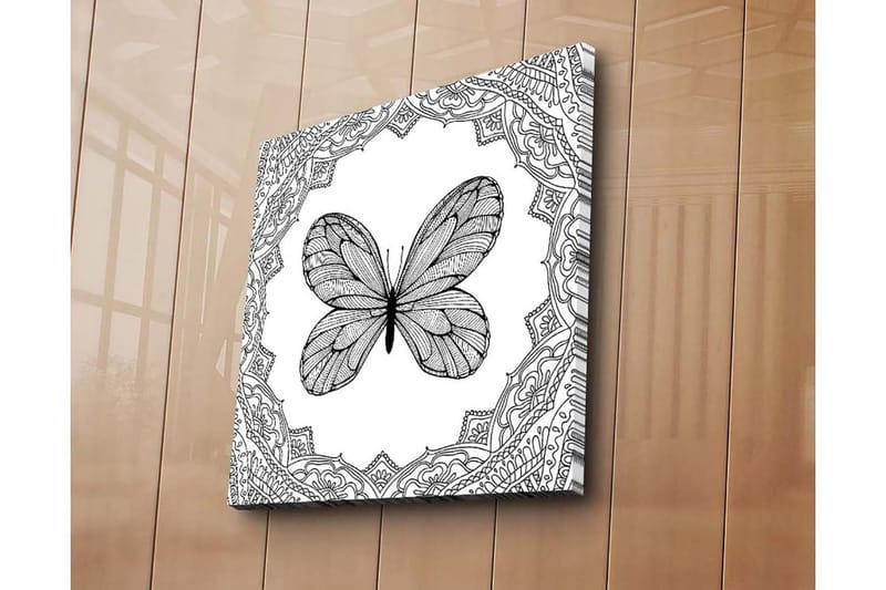Lerretsbilde 45x45 cm - Detaljert sommerfugl omgitt av ornamentale mønstre - Svart / Hvit - Innredning - Bilder & kunst - Lerretsbilder