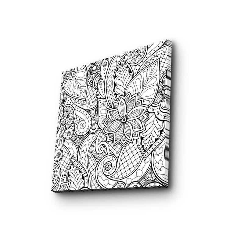 Lerretsbilde 45x45 cm - Detaljert svart-hvitt mønsterdesign med blomster og buede linjer, Svart / Hvit