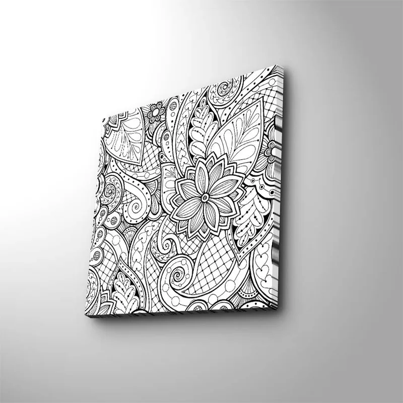 Lerretsbilde 45x45 cm - Detaljert svart-hvitt mønsterdesign med blomster og buede linjer - Svart / Hvit - Innredning - Bilder & kunst - Lerretsbilder