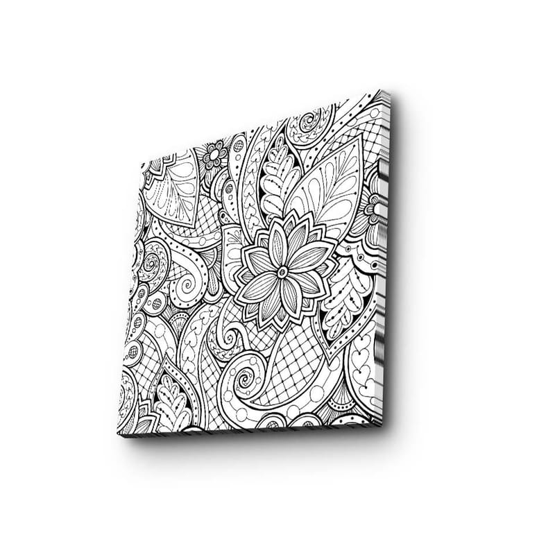 Lerretsbilde 45x45 cm - Detaljert svart-hvitt mønsterdesign med blomster og buede linjer, Svart / Hvit