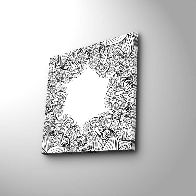 Lerretsbilde 45x45 cm - Detaljert svart-hvitt mønsterkomposisjon med blomster og buede linjer - Svart / Hvit - Innredning - Bilder & kunst - Lerretsbilder