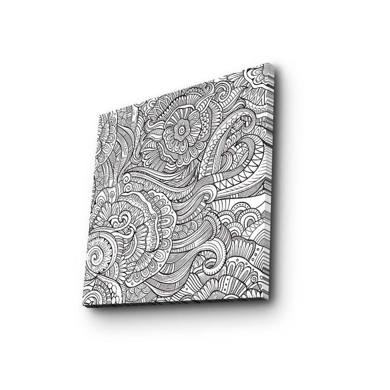 Lerretsbilde 45x45 cm - Detaljert svart-hvitt mønsterkomposisjon med blomster og buede linjer, Svart / Hvit