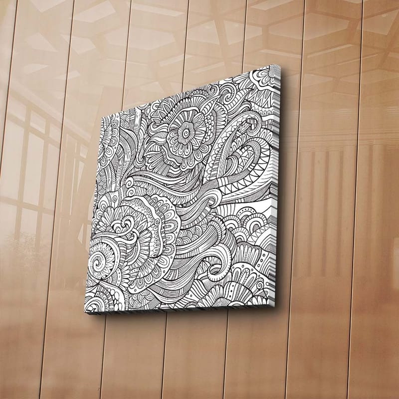 Lerretsbilde 45x45 cm - Detaljert svart-hvitt mønsterkomposisjon med blomster og buede linjer - Svart / Hvit - Innredning - Bilder & kunst - Lerretsbilder