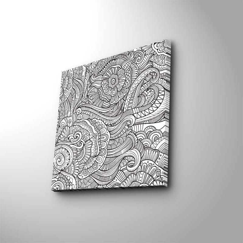 Lerretsbilde 45x45 cm - Detaljert svart-hvitt mønsterkomposisjon med blomster og buede linjer - Svart / Hvit - Innredning - Bilder & kunst - Lerretsbilder