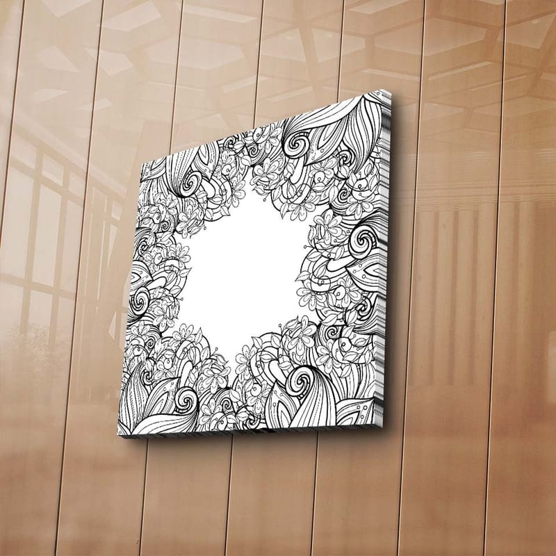 Lerretsbilde 45x45 cm - Detaljert svart-hvitt mønsterkomposisjon med blomster og buede linjer - Svart / Hvit - Innredning - Bilder & kunst - Lerretsbilder