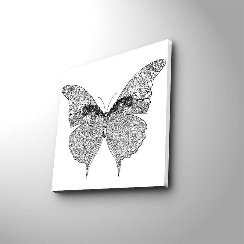Lerretsbilde 45x45 cm - Detaljert svart-hvitt sommerfugl med intrikate mønstre, Svart / Hvit