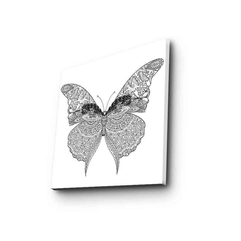 Lerretsbilde 45x45 cm - Detaljert svart-hvitt sommerfugl med intrikate mønstre - Svart / Hvit - Innredning - Bilder & kunst - Lerretsbilder