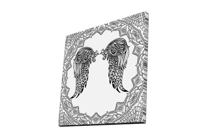 Lerretsbilde 45x45 cm - Detaljerte englevinger i en dekorativ ramme, Svart / Hvit