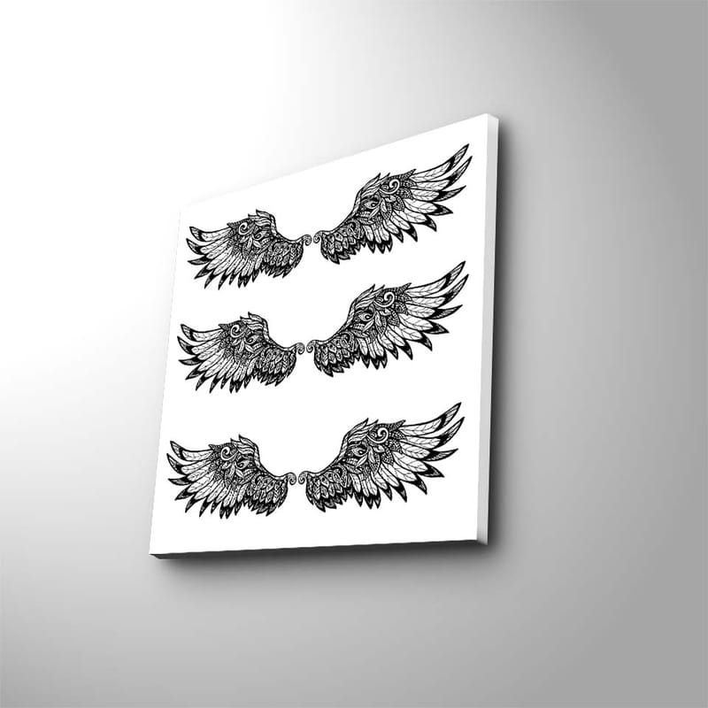 Lerretsbilde 45x45 cm - Detaljerte fjær i en symmetrisk komposisjon av vinger, Svart / Hvit