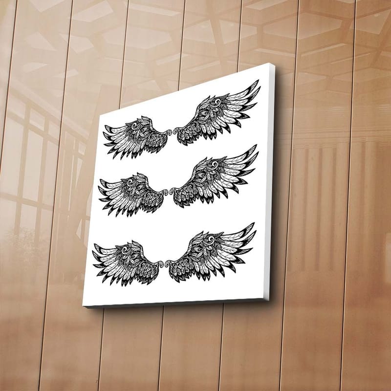 Lerretsbilde 45x45 cm - Detaljerte fjær i en symmetrisk komposisjon av vinger - Svart / Hvit - Innredning - Bilder & kunst - Lerretsbilder