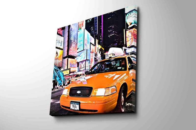 Lerretsbilde 45x45 cm - Drosjer i neonbelyst bymiljø - Oransje / Svart / Blå - Innredning - Bilder & kunst - Lerretsbilder