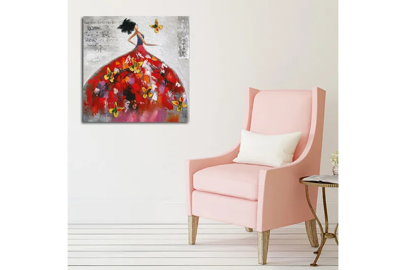 Lerretsbilde 45x45 cm - Elegant kvinne i en fargerik kjole omgitt av sommerfugler - Rød / Gul / Hvit - Innredning - Bilder & kunst - Lerretsbilder