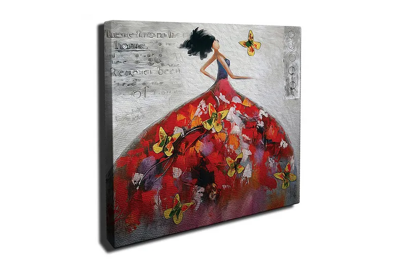 Lerretsbilde 45x45 cm - Elegant kvinne i en fargerik kjole omgitt av sommerfugler - Rød / Gul / Hvit - Innredning - Bilder & kunst - Lerretsbilder