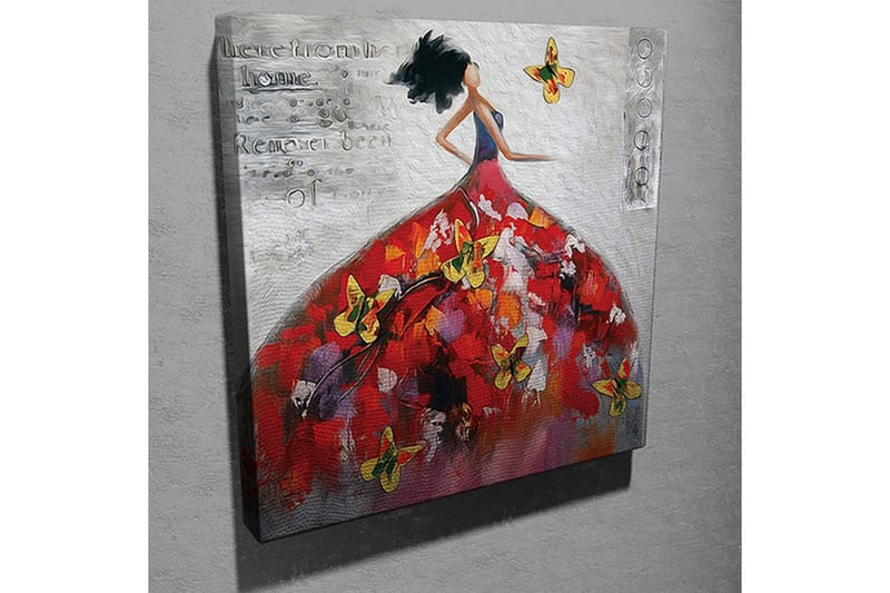 Lerretsbilde 45x45 cm - Elegant kvinne i en fargerik kjole omgitt av sommerfugler - Rød / Gul / Hvit - Innredning - Bilder & kunst - Lerretsbilder