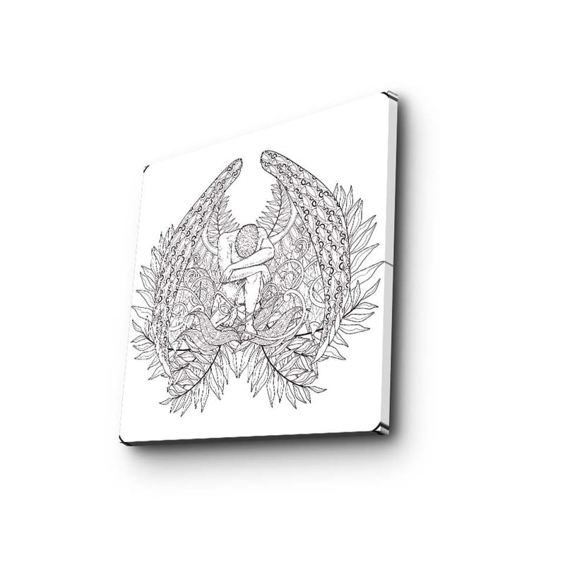 Lerretsbilde 45x45 cm - Fantasifullt motiv med en figur omgitt av store, detaljerte vinger og vegetasjon - Svart / Grå / Hvit - Innredning - Bilder & kunst - Lerretsbilder