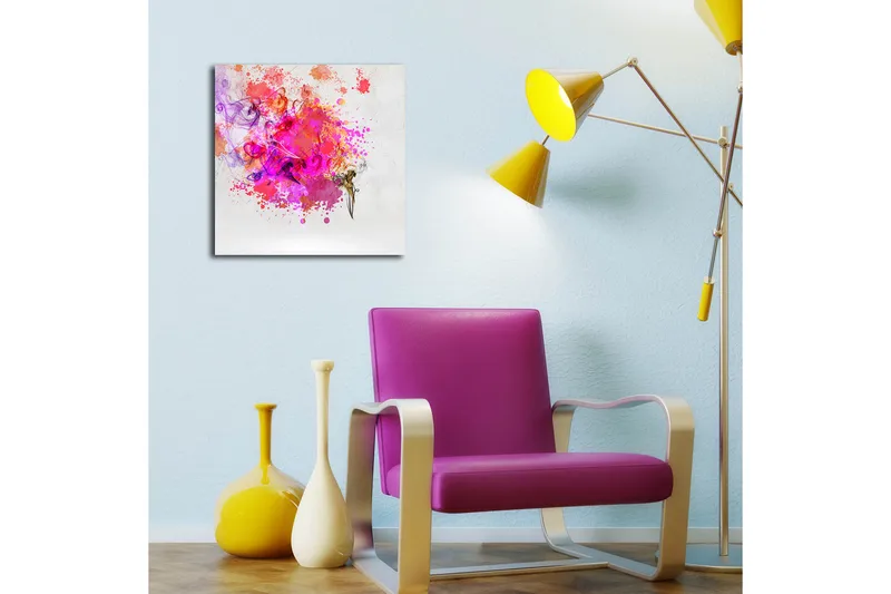 Lerretsbilde 45x45 cm - Fargerik abstrakt komposisjon med sprudlende fargeeksplosjoner - Rosa / Lilla / Oransje - Innredning - Bilder & kunst - Lerretsbilder