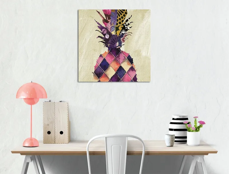 Lerretsbilde 45x45 cm - Fargerik ananas med geometriske mønstre, Lilla / Gul / Rosa