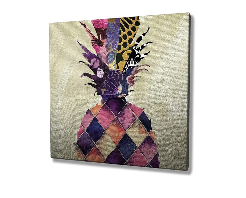 Lerretsbilde 45x45 cm - Fargerik ananas med geometriske mønstre - Lilla / Gul / Rosa - Innredning - Bilder & kunst - Lerretsbilder