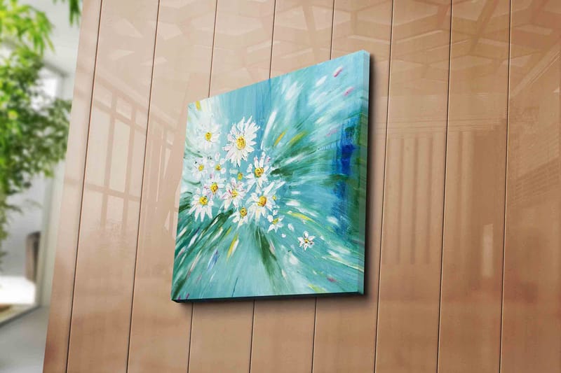 Lerretsbilde 45x45 cm - Fargerik bukett med tusenfryd i en dynamisk komposisjon - Lyseblå / Hvit / Gul - Innredning - Bilder & kunst - Lerretsbilder