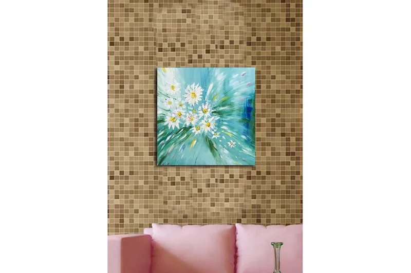 Lerretsbilde 45x45 cm - Fargerik bukett med tusenfryd i en dynamisk komposisjon - Lyseblå / Hvit / Gul - Innredning - Bilder & kunst - Lerretsbilder