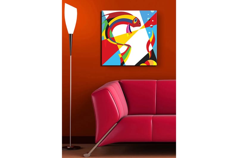 Lerretsbilde 45x45 cm - Fargerik fisk i abstrakt stil - Rød / Gul / Blå - Innredning - Bilder & kunst - Lerretsbilder
