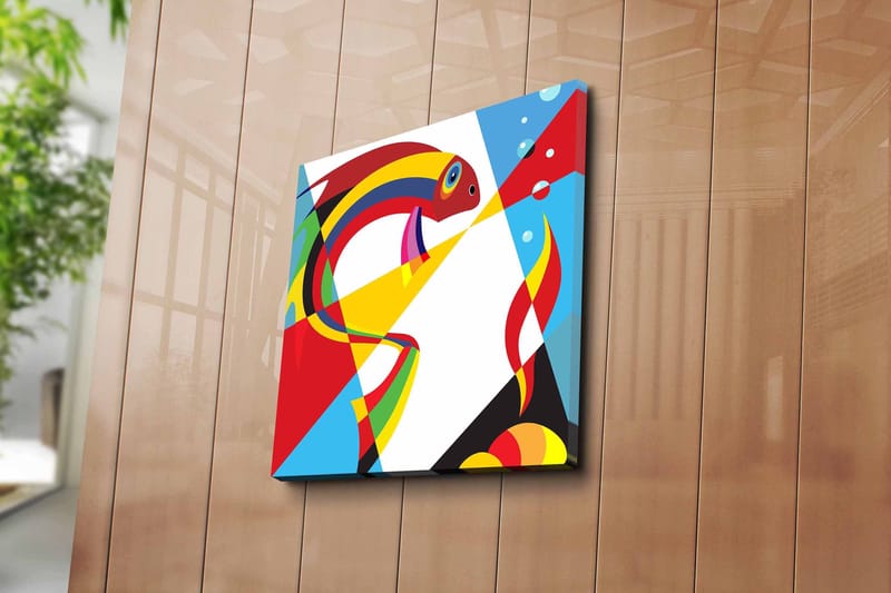 Lerretsbilde 45x45 cm - Fargerik fisk i abstrakt stil - Rød / Gul / Blå - Innredning - Bilder & kunst - Lerretsbilder