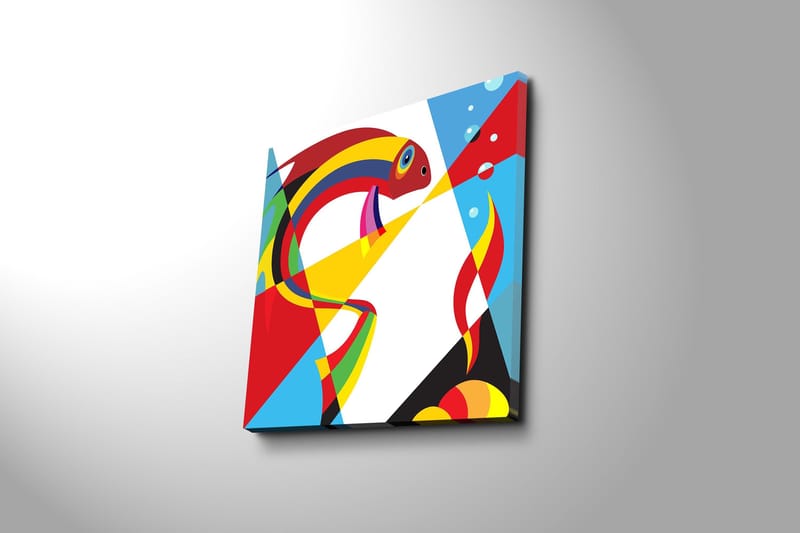 Lerretsbilde 45x45 cm - Fargerik fisk i abstrakt stil - Rød / Gul / Blå - Innredning - Bilder & kunst - Lerretsbilder