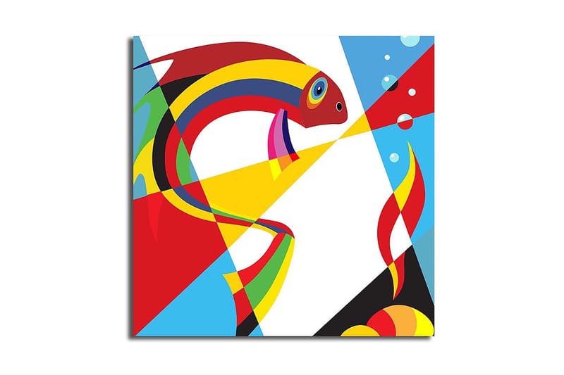 Lerretsbilde 45x45 cm - Fargerik fisk i abstrakt stil, Rød / Gul / Blå