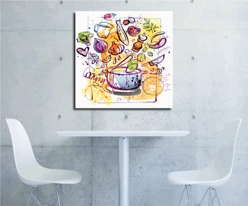 Lerretsbilde 45x45 cm - Fargerik komposisjon med kjøkkenutstyr og grønnsaker, Grønn / Lilla / Oransje