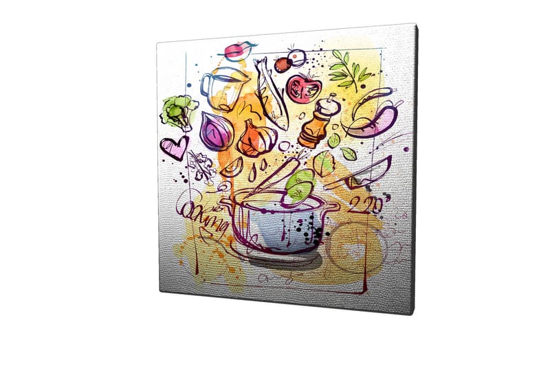 Lerretsbilde 45x45 cm - Fargerik komposisjon med kjøkkenutstyr og grønnsaker - Grønn / Lilla / Oransje - Innredning - Bilder & kunst - Lerretsbilder