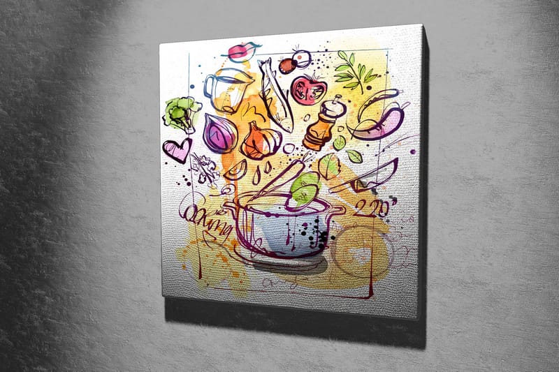 Lerretsbilde 45x45 cm - Fargerik komposisjon med kjøkkenutstyr og grønnsaker - Grønn / Lilla / Oransje - Innredning - Bilder & kunst - Lerretsbilder