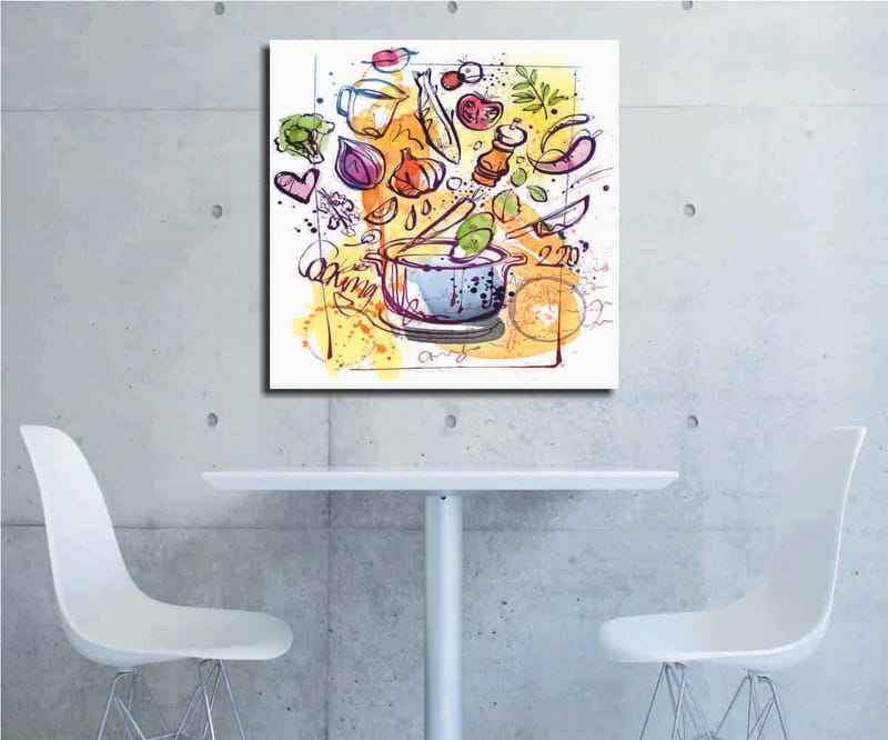 Lerretsbilde 45x45 cm - Fargerik komposisjon med kjøkkenutstyr og grønnsaker, Grønn / Lilla / Oransje