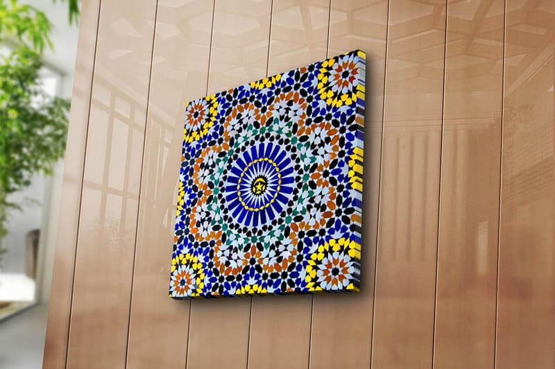 Lerretsbilde 45x45 cm - Fargerik mandala med geometriske mønstre - Blå / Gul / Oransje - Innredning - Bilder & kunst - Lerretsbilder