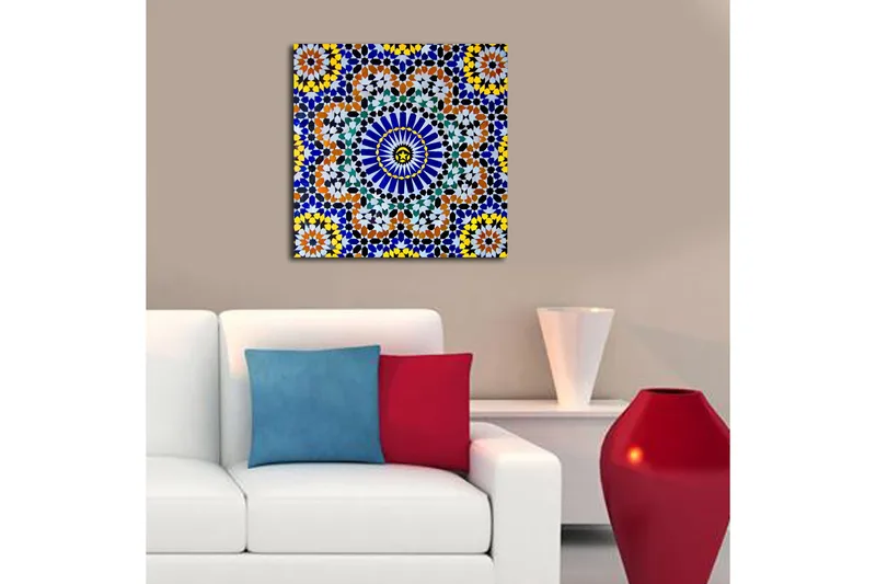 Lerretsbilde 45x45 cm - Fargerik mandala med geometriske mønstre, Blå / Gul / Oransje