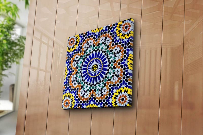 Lerretsbilde 45x45 cm - Fargerik mandala med geometriske mønstre - Blå / Gul / Oransje - Innredning - Bilder & kunst - Lerretsbilder