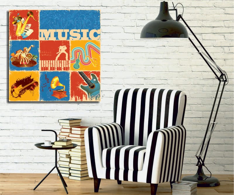 Lerretsbilde 45x45 cm - Fargerik musikalsk inspirert komposisjon med instrumenter og noter, Blå / Rød / Gul