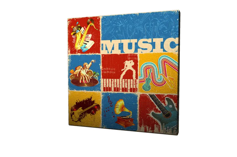 Lerretsbilde 45x45 cm - Fargerik musikalsk inspirert komposisjon med instrumenter og noter - Blå / Rød / Gul - Innredning - Bilder & kunst - Lerretsbilder