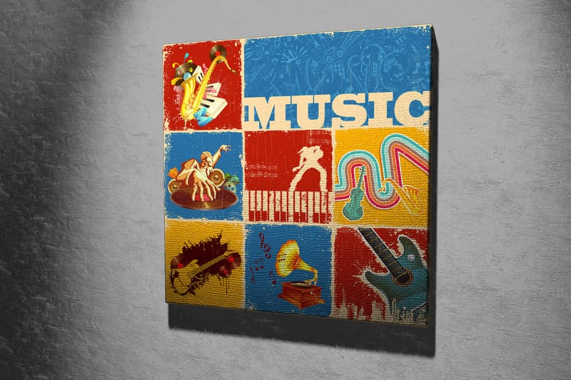 Lerretsbilde 45x45 cm - Fargerik musikalsk inspirert komposisjon med instrumenter og noter - Blå / Rød / Gul - Innredning - Bilder & kunst - Lerretsbilder