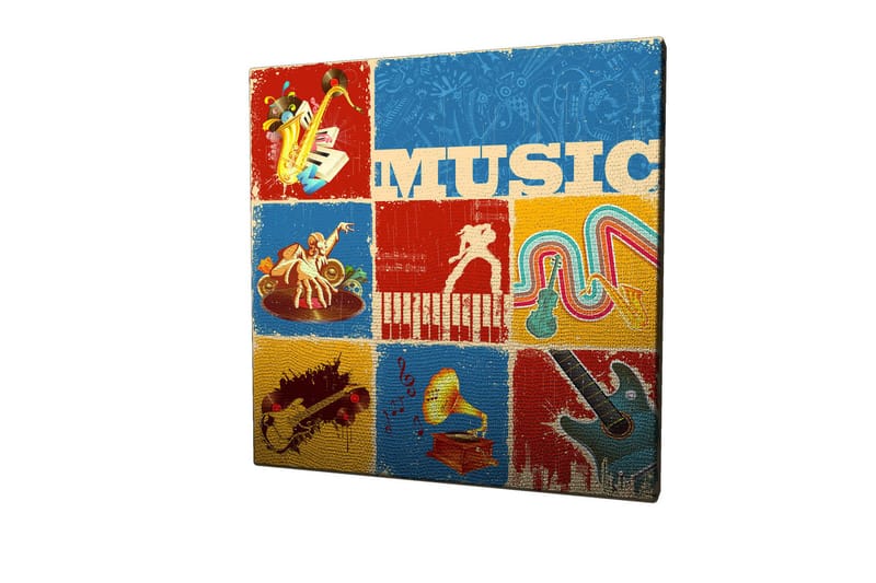 Lerretsbilde 45x45 cm - Fargerik musikalsk inspirert komposisjon med instrumenter og noter - Blå / Rød / Gul - Innredning - Bilder & kunst - Lerretsbilder