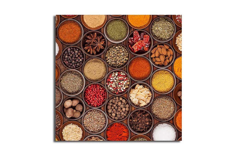 Lerretsbilde 45x45 cm - Fargerik samling av krydder i boller, Rød / Gul / Grønn